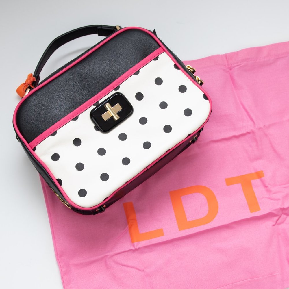 LDT "Jill" Purse Leather Crossbody Polkadot Lunchbag Bag Black Pink Gold New - Picture 7 of 15